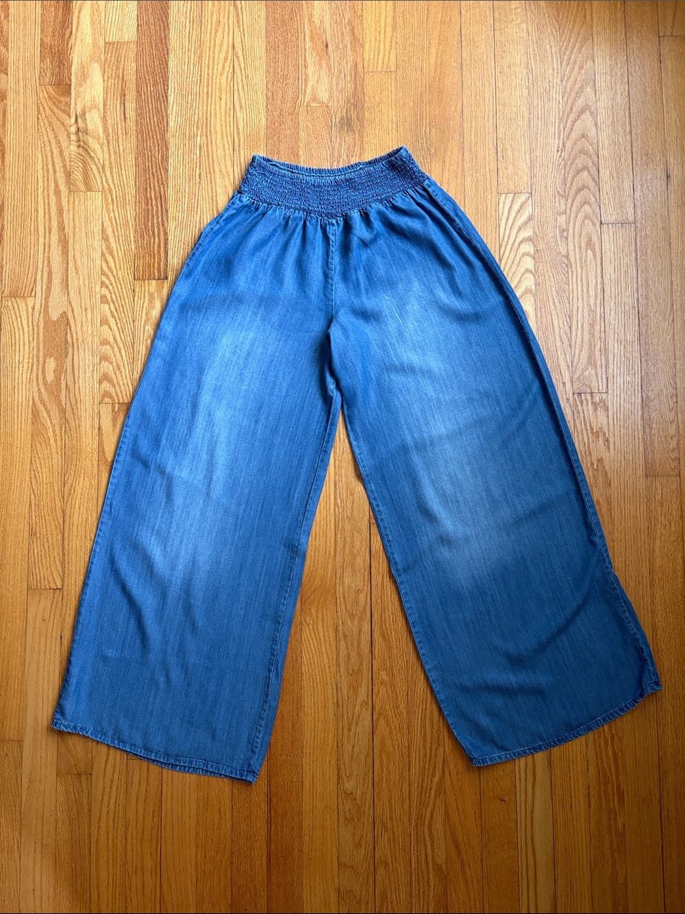 Altar'd State Blue Denim Wide-Leg Smocked Waist Pants